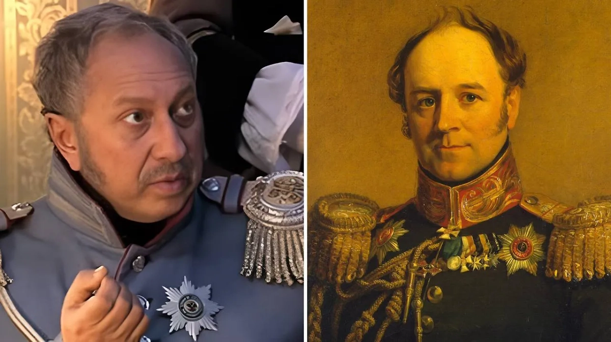 Александр Христофорович Бенкендорф, шеф жандармов и начальник Третьего отделения, верная ищейка императора. Фото © «Бедная Настя» (сериал, 2003–2004), режиссёры Владислав Николаев, Пётр Кротенко и др., сценаристы Александр Коровкин, Елена Вержак и др. / Kinopoisk, © Wikipedia / Джордж Доу