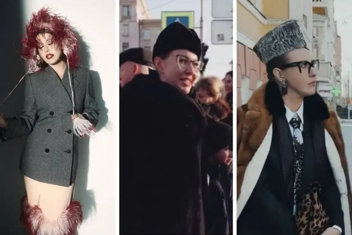 Ксения Собчак в капюшоне из перьев и «брежневской» шапке. Фото © Instagram (признан экстремистской организацией и запрещён на территории Российской Федерации) / xenia_sobchak