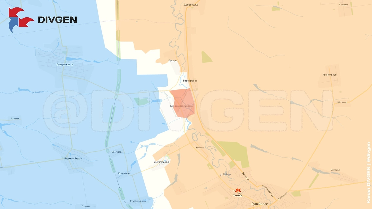 Карта СВО на 17 января 2026 года. ВС РФ освободили Еленоконстантиновку (Жовтневое) севернее Гуляйполя. Фото © DIVGEN 🚩 Карта СВО