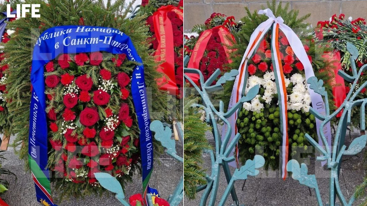 Иностранные государства прислали венки, чтобы почтить память жертв блокады Ленинграда. Фото © Life.ru