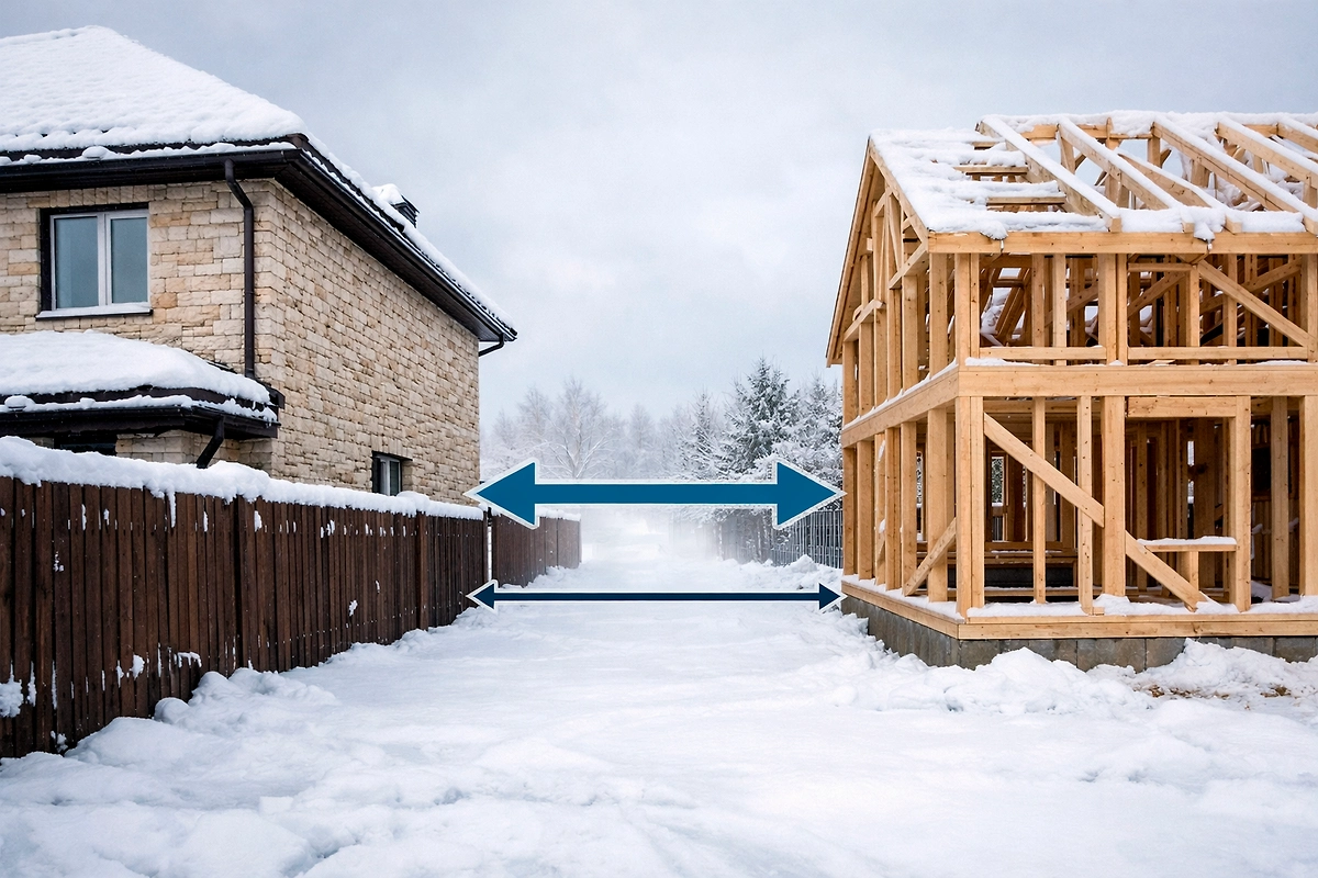 Допустимое расстояние между каменными и деревянными строениями. Фото © ChatGPT 