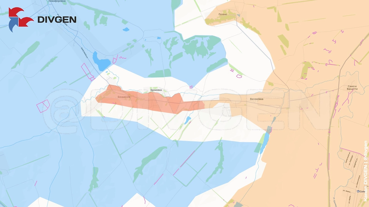 Карта СВО на 4 января 2025 года. Штурмовые подразделения ГрВ «Юг» освободили населённый пункт Бондарное. Фото © Telegram / DIVGEN 🚩 Карта СВО