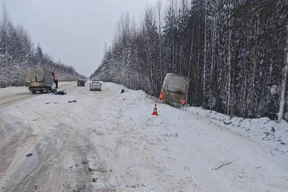 Автобус съехал с дороги. Фото © Telegram / Управление Госавтоинспекции МВД по Республике Коми
