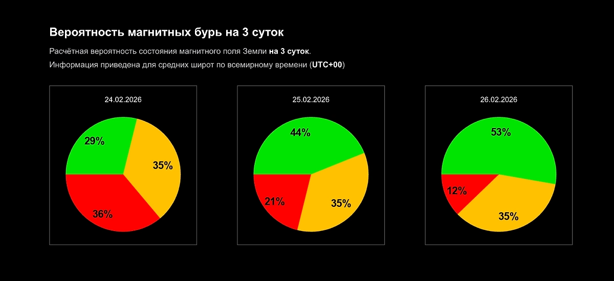 Официальный график вероятности магнитной бури сегодня: чего ждать от Солнца 24, 25 и 26 февраля 2026 года? Фото © Лаборатория солнечной астрономии ИКИ и ИСЗФ