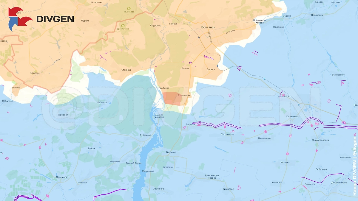 Карта СВО на 26 февраля 2026 года. Группировка войск «Север» освободила Графское в Харьковской области. Фото © Telegram / DIVGEN 🚩Карта СВО