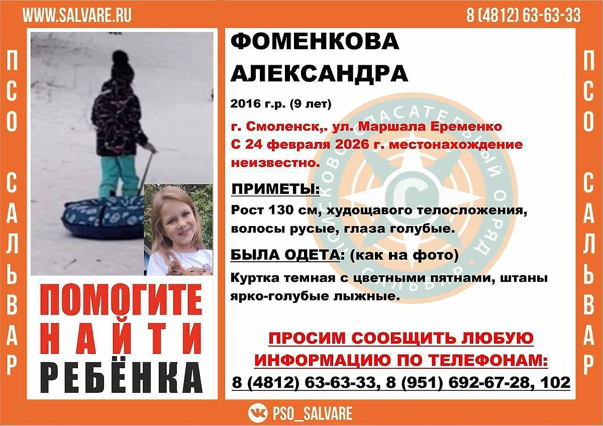 В Смоленске пропала 9-летняя девочка. Фото © VK / ПСО «Сальвар» Смоленская облаcть