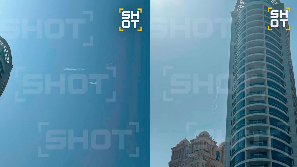Следы от работы ПВО в небе над Дохой. Коллаж © SHOT