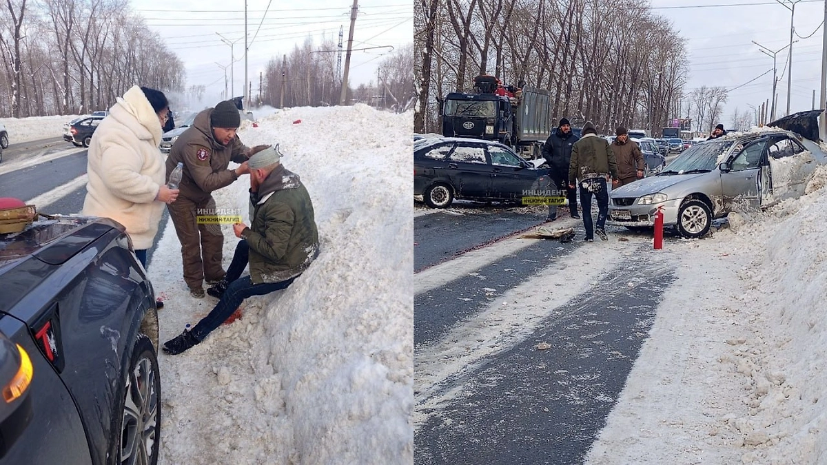 Евгений оказывает первую помощь пострадавшему водителю в Нижнем Тагиле. Коллаж © Telegram / «Инцидент Нижний Тагил»