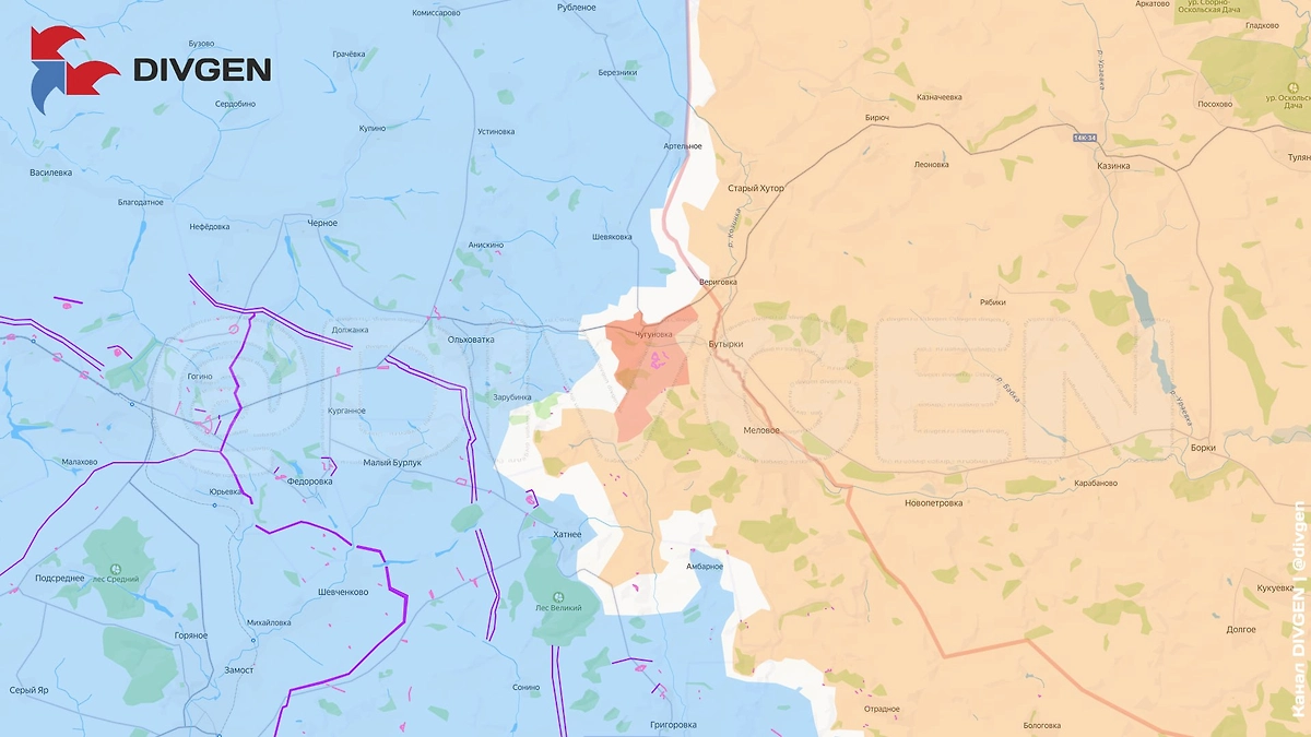 Карта СВО на 8 февраля. Штурмовые группы 83 мсп и 344 мсп группировки войск «Север» освободили Чугуновку Харьковской области. Фото © Telegram / DIVGEN 🚩 Карта СВО