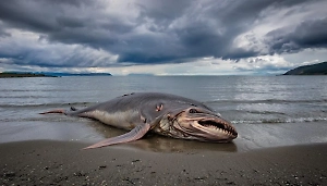 На видео попал гигантский морской монстр, которого выбросило на берег российского острова